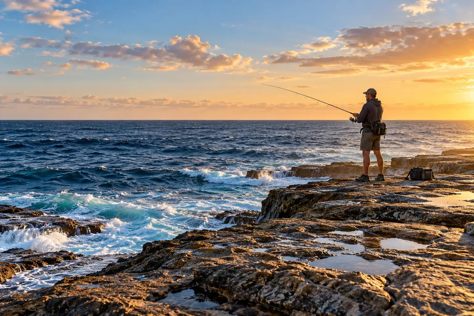 Illustration of shore fishing at sunset